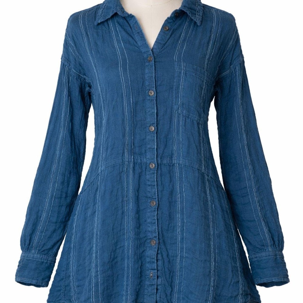 Free People Button Down Tunic Blue XS Boho Oversized Casual